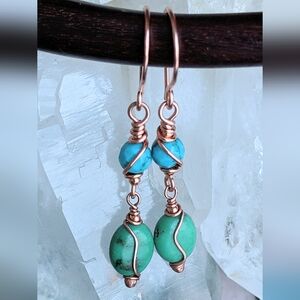 Artisan Turquoise Earrings Copper Wire Wrap Dangle Drop